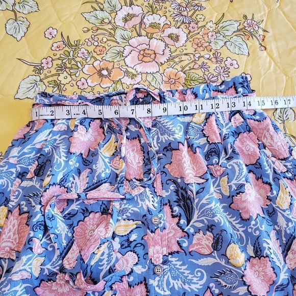 LOFT Floral Print Skirt, Button Front Drawstring Mini Skirt, Blue Pink Small - Picture 5 of 10